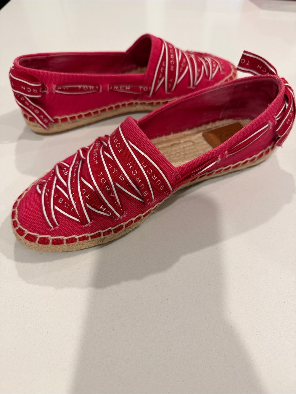 Tory Burch red laced Logo-Trim Espadrille Flats